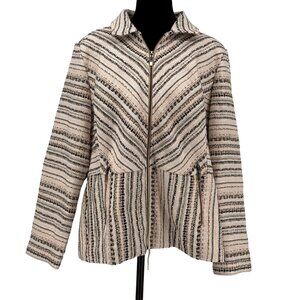 Chicos Tweed Zip Jacket Womens XL Striped Neutral Lagenlook Oversized Thick Boho